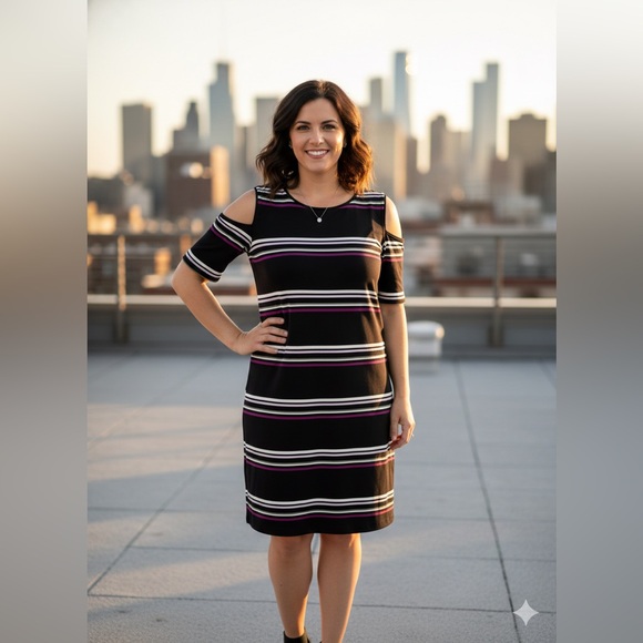 White House Black Market Black and Purple Striped Midi Dres - Picture 7 of 7
